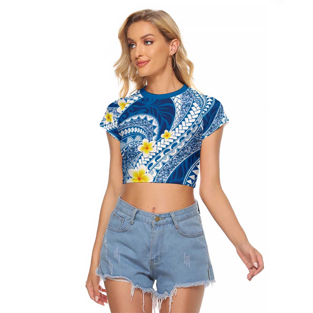 Plumeria Polynesian Blue Glitter Pattern Raglan Cropped T Shirt