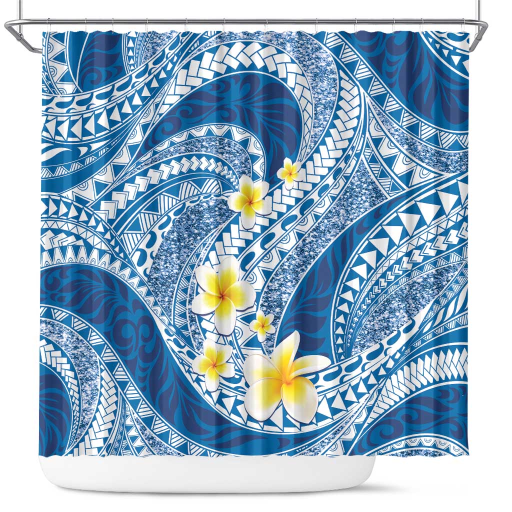 Plumeria Polynesian Blue Glitter Pattern Shower Curtain LT01 Blue - Polynesian Pride