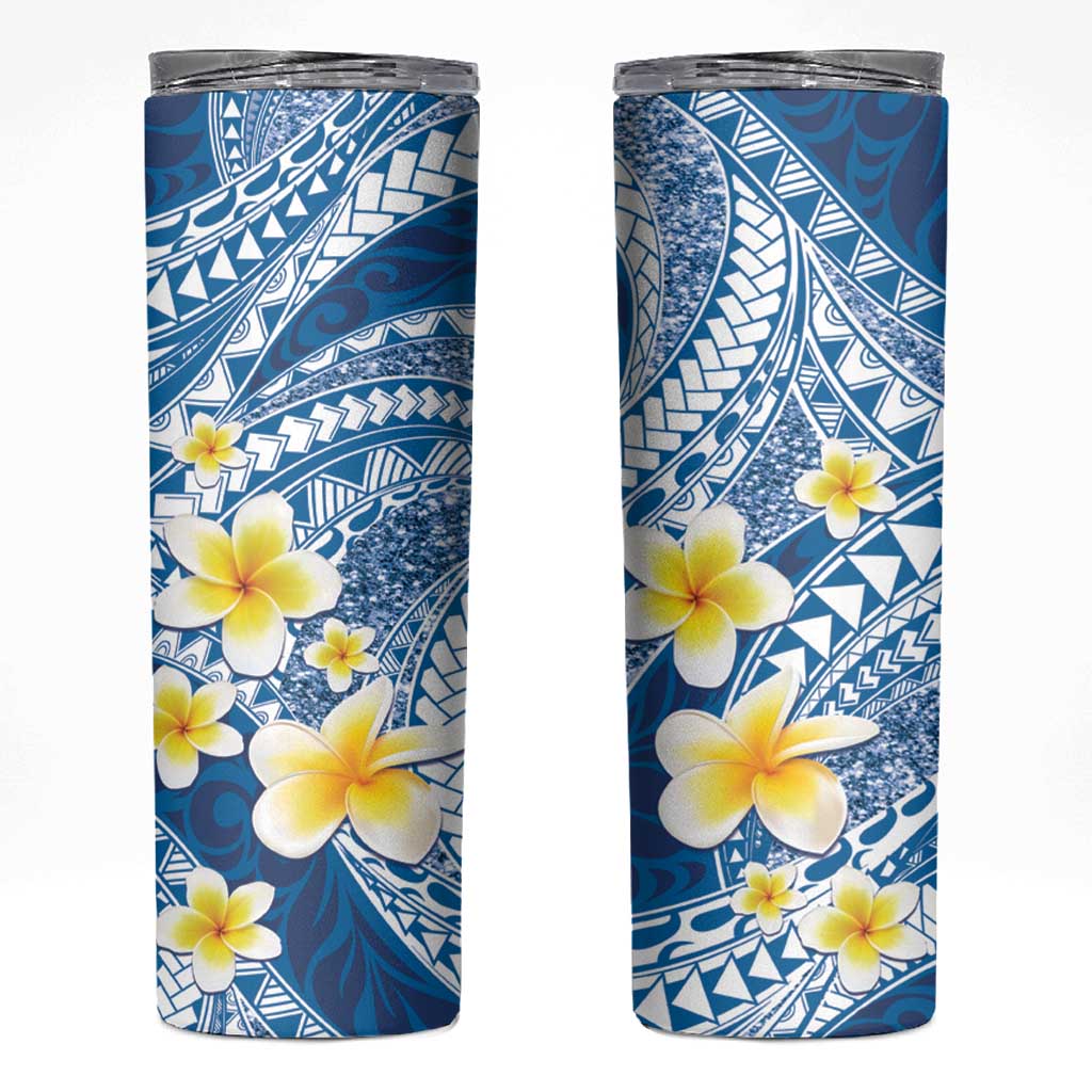 Plumeria Polynesian Blue Glitter Pattern Skinny Tumbler LT01 Blue - Polynesian Pride