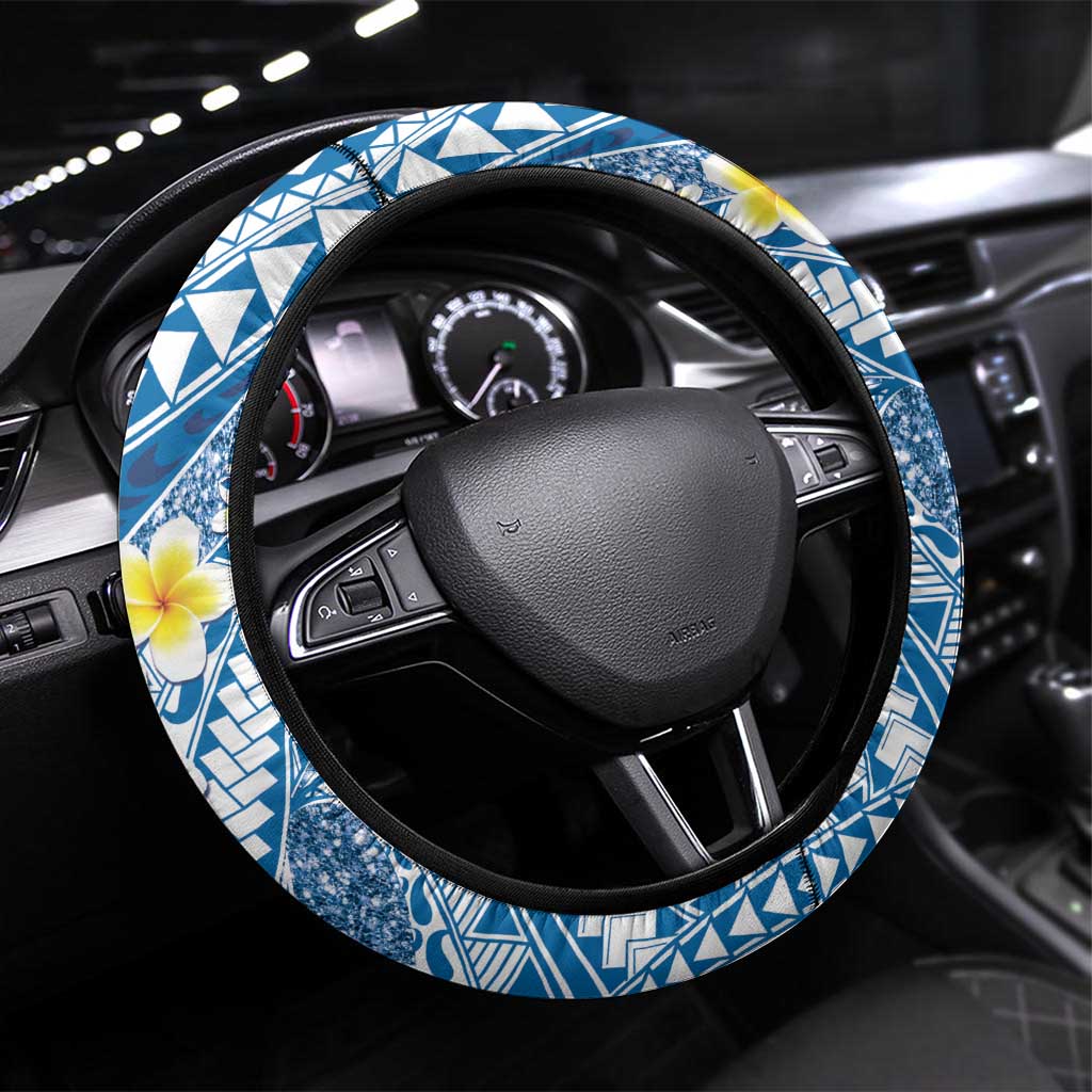 Plumeria Polynesian Blue Glitter Pattern Steering Wheel Cover LT01 Universal Fit Blue - Polynesian Pride