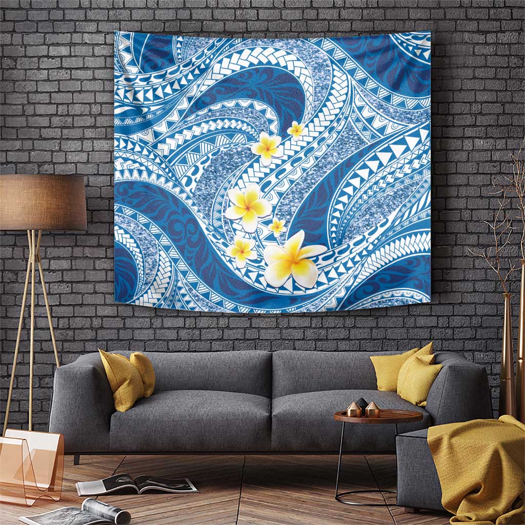 Plumeria Polynesian Blue Glitter Pattern Tapestry LT01 Blue - Polynesian Pride