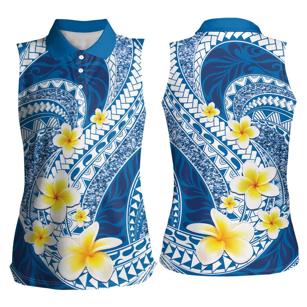 Plumeria Polynesian Blue Glitter Pattern Women Sleeveless Polo Shirt