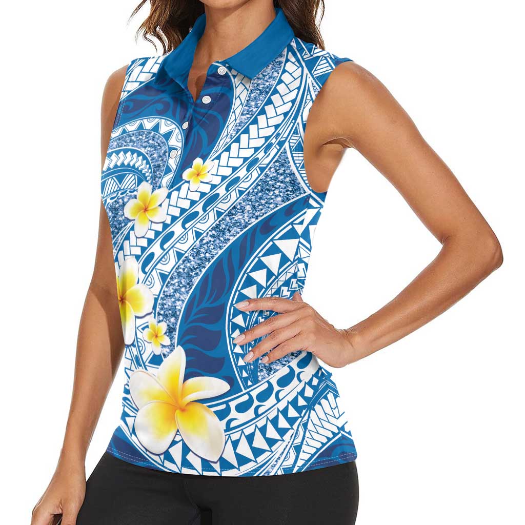 Plumeria Polynesian Blue Glitter Pattern Women Sleeveless Polo Shirt