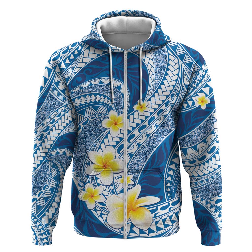 Plumeria Polynesian Blue Glitter Pattern Zip Hoodie LT01 Zip Hoodie Blue - Polynesian Pride