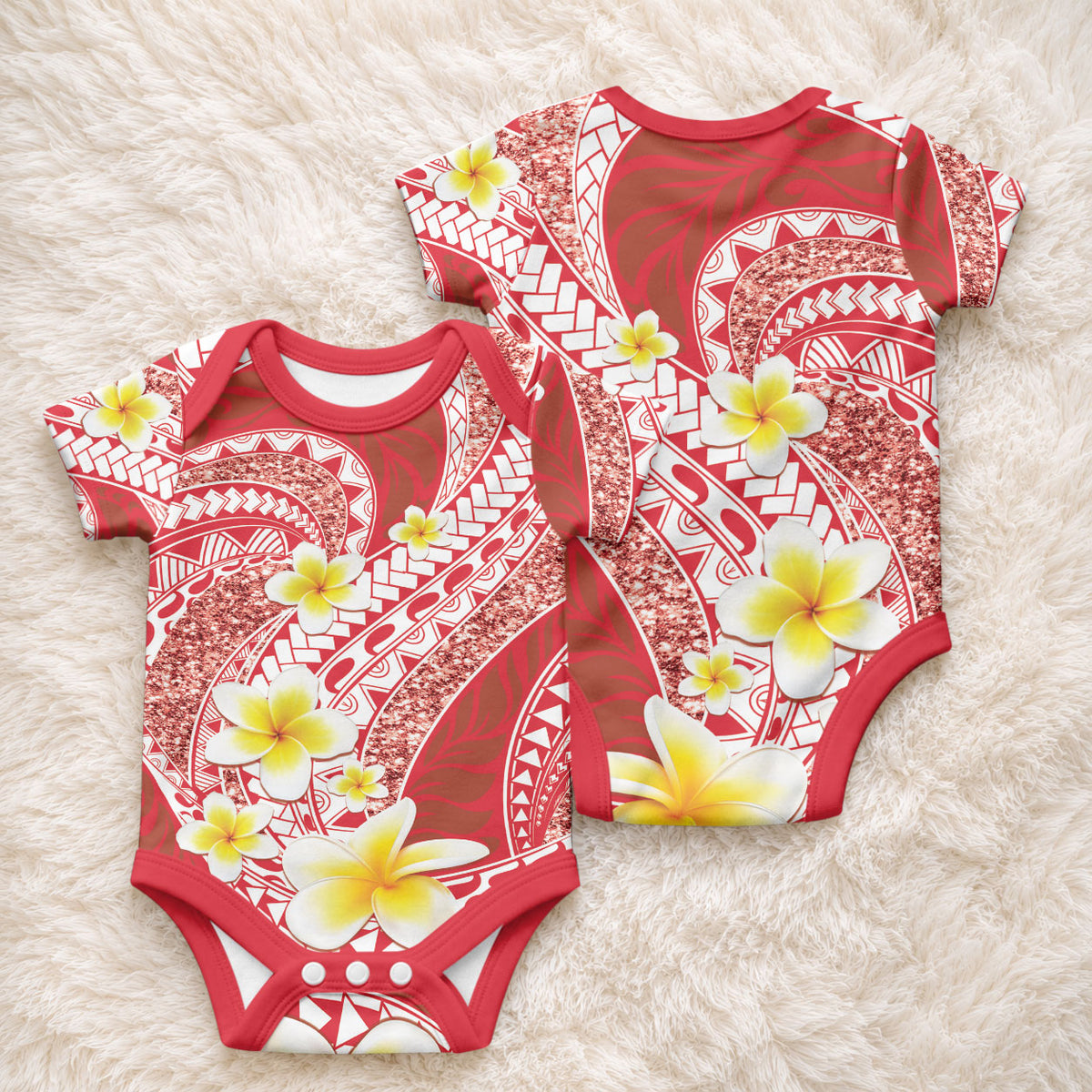 Plumeria Polynesian Coral Glitter Pattern Baby Onesie LT01 - Polynesian Pride