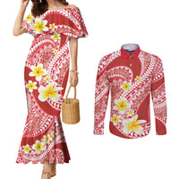 Plumeria Polynesian Coral Glitter Pattern Couples Matching Mermaid Dress and Long Sleeve Button Shirt
