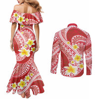 Plumeria Polynesian Coral Glitter Pattern Couples Matching Mermaid Dress and Long Sleeve Button Shirt
