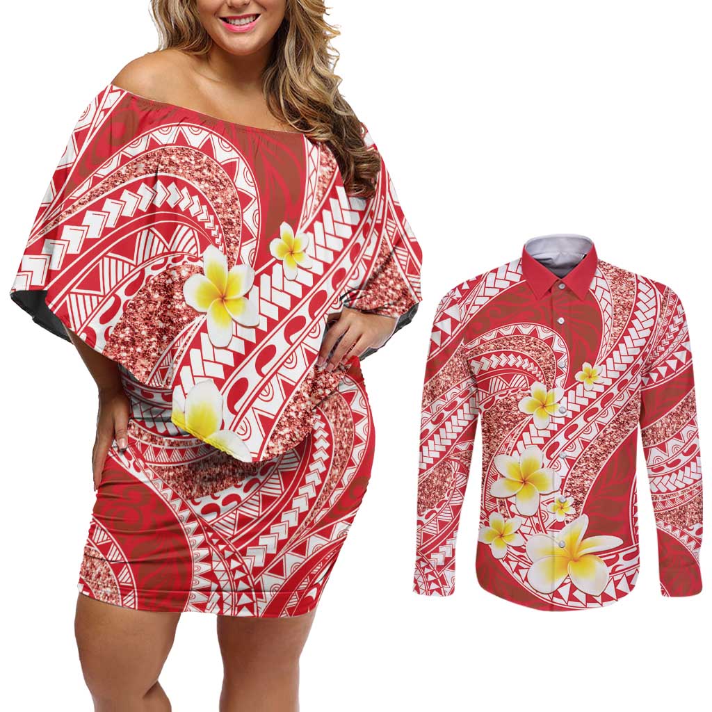 Plumeria Polynesian Coral Glitter Pattern Couples Matching Off Shoulder Short Dress and Long Sleeve Button Shirt
