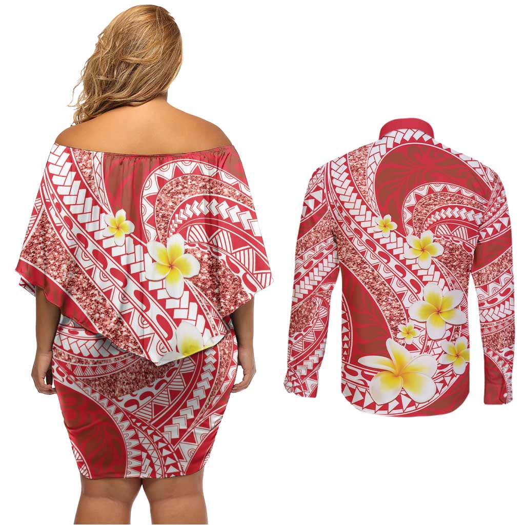 Plumeria Polynesian Coral Glitter Pattern Couples Matching Off Shoulder Short Dress and Long Sleeve Button Shirt