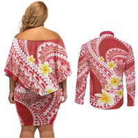 Plumeria Polynesian Coral Glitter Pattern Couples Matching Off Shoulder Short Dress and Long Sleeve Button Shirt