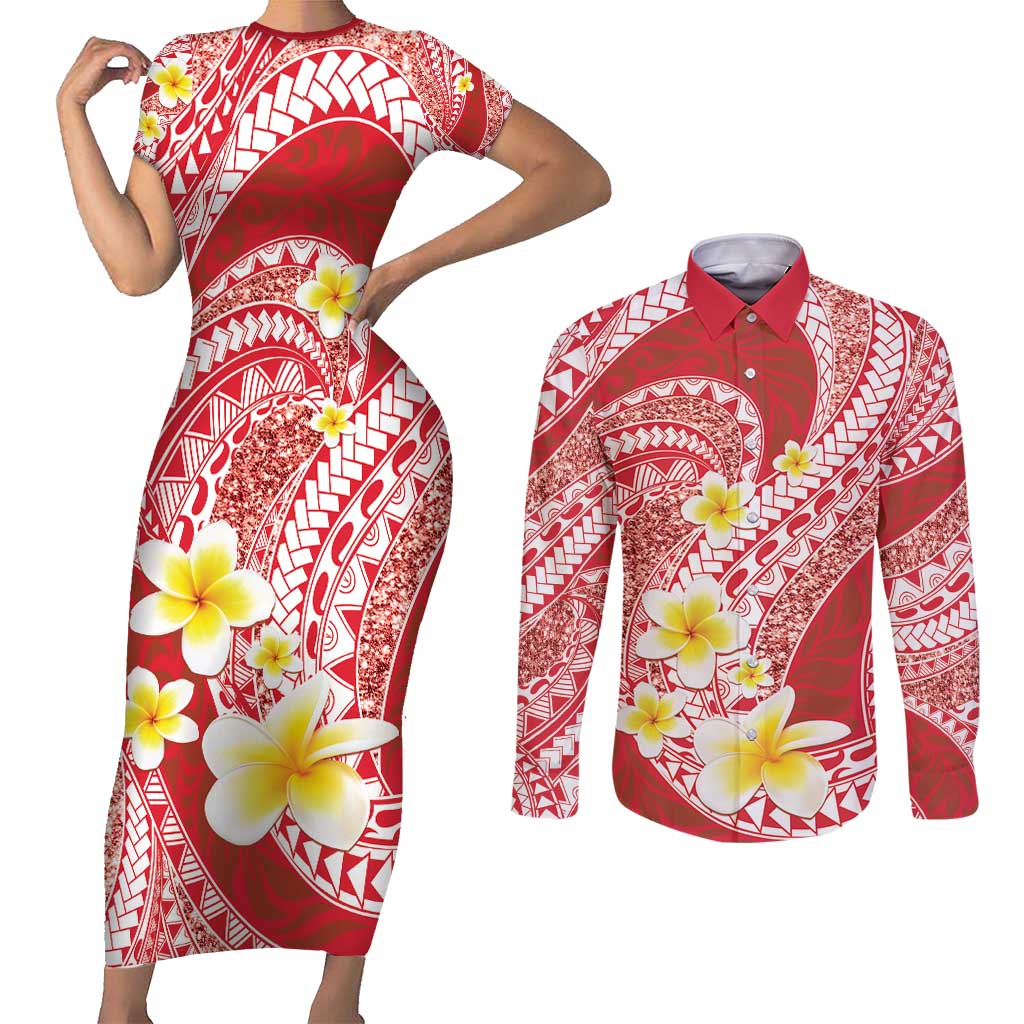 Plumeria Polynesian Coral Glitter Pattern Couples Matching Short Sleeve Bodycon Dress and Long Sleeve Button Shirt