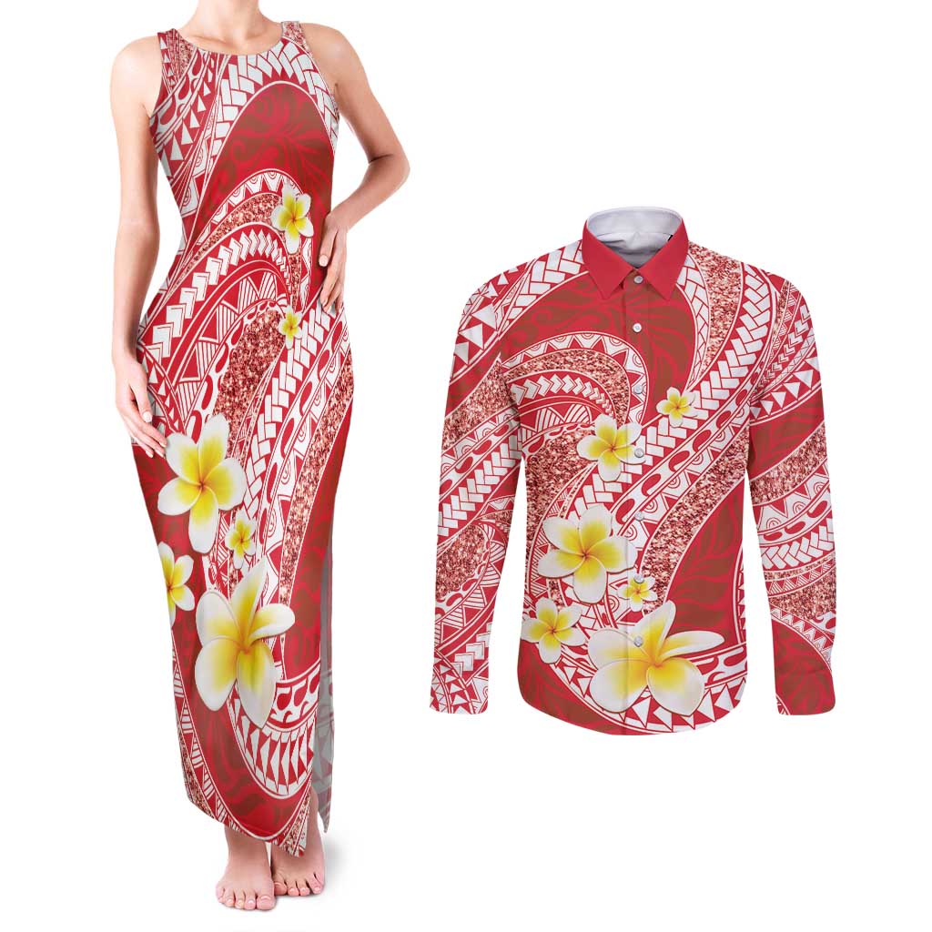 Plumeria Polynesian Coral Glitter Pattern Couples Matching Tank Maxi Dress and Long Sleeve Button Shirt