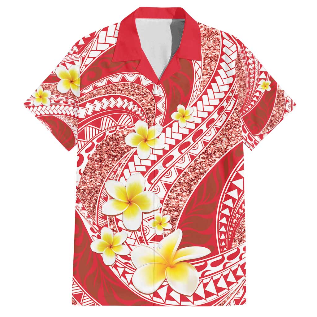 Plumeria Polynesian Coral Glitter Pattern Family Matching Long Sleeve Bodycon Dress and Hawaiian Shirt