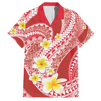 Plumeria Polynesian Coral Glitter Pattern Family Matching Off The Shoulder Long Sleeve Dress and Hawaiian Shirt