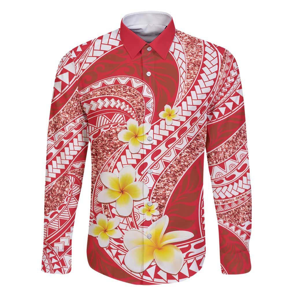 Plumeria Polynesian Coral Glitter Pattern Family Matching Off Shoulder Maxi Dress and Hawaiian Shirt LT01 Dad's Shirt - Long Sleeve Coral - Polynesian Pride