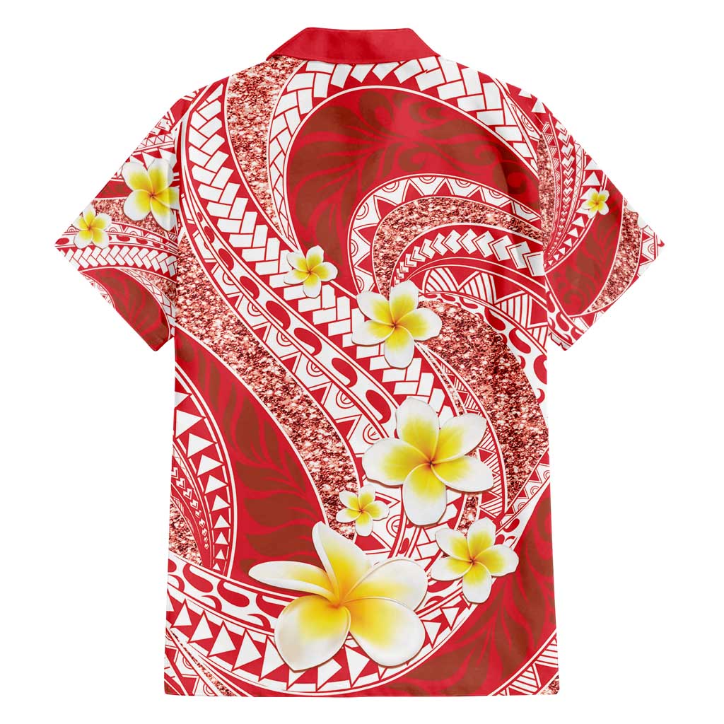 Plumeria Polynesian Coral Glitter Pattern Family Matching Off Shoulder Short Dress and Hawaiian Shirt
