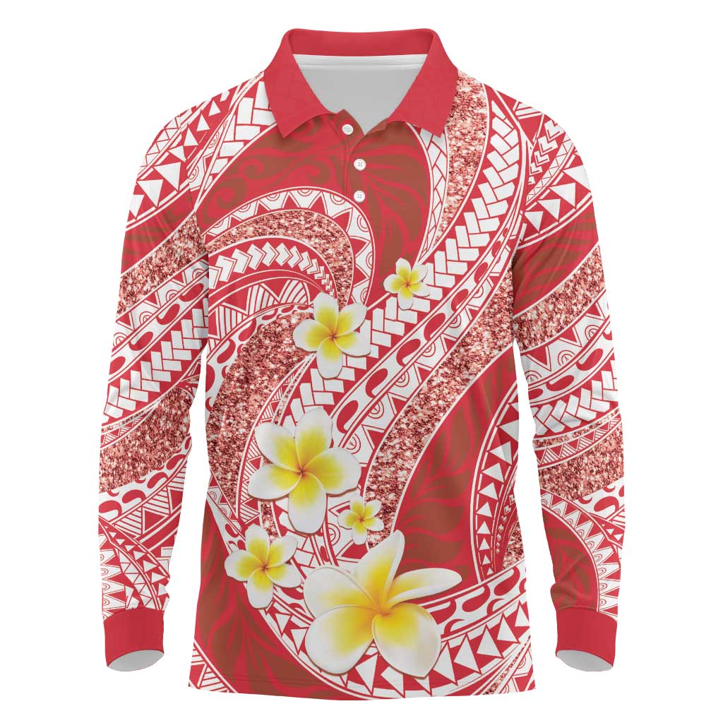 Plumeria Polynesian Coral Glitter Pattern Long Sleeve Polo Shirt