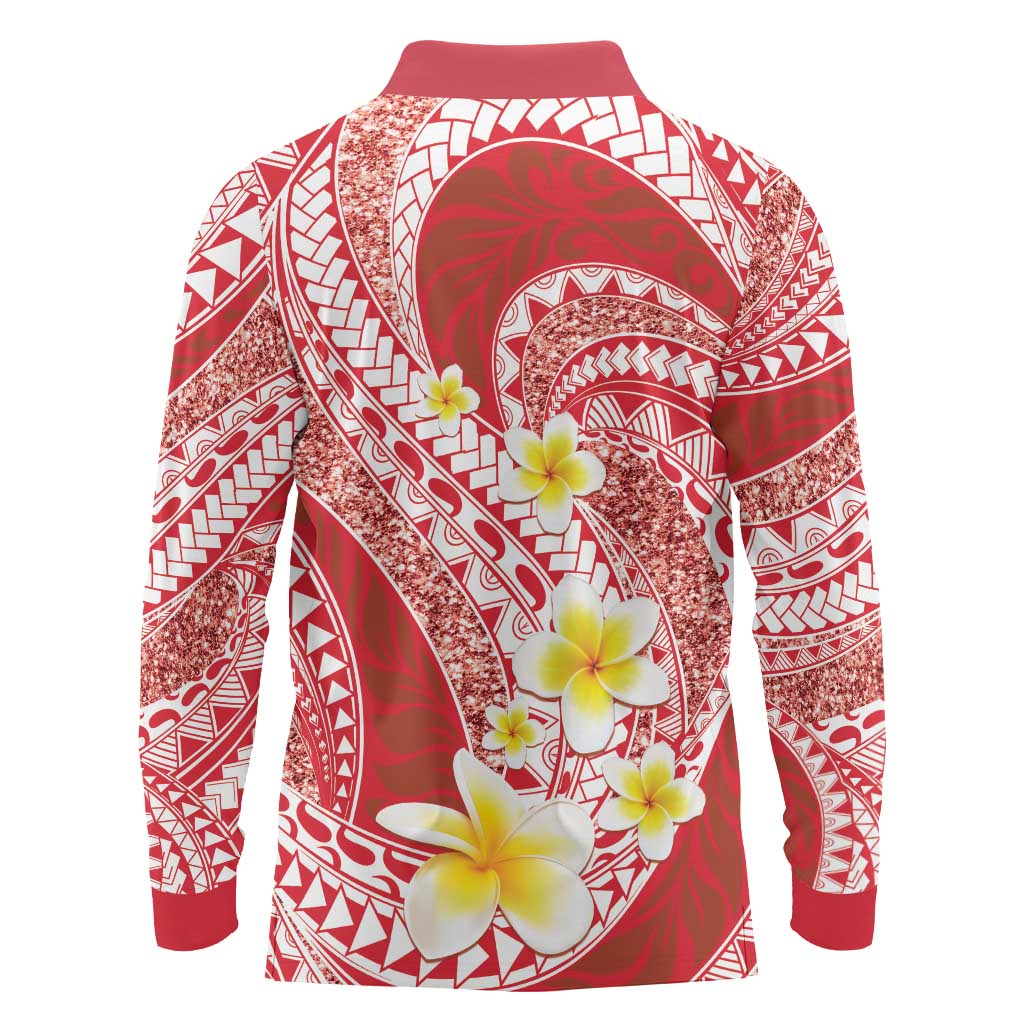 Plumeria Polynesian Coral Glitter Pattern Long Sleeve Polo Shirt