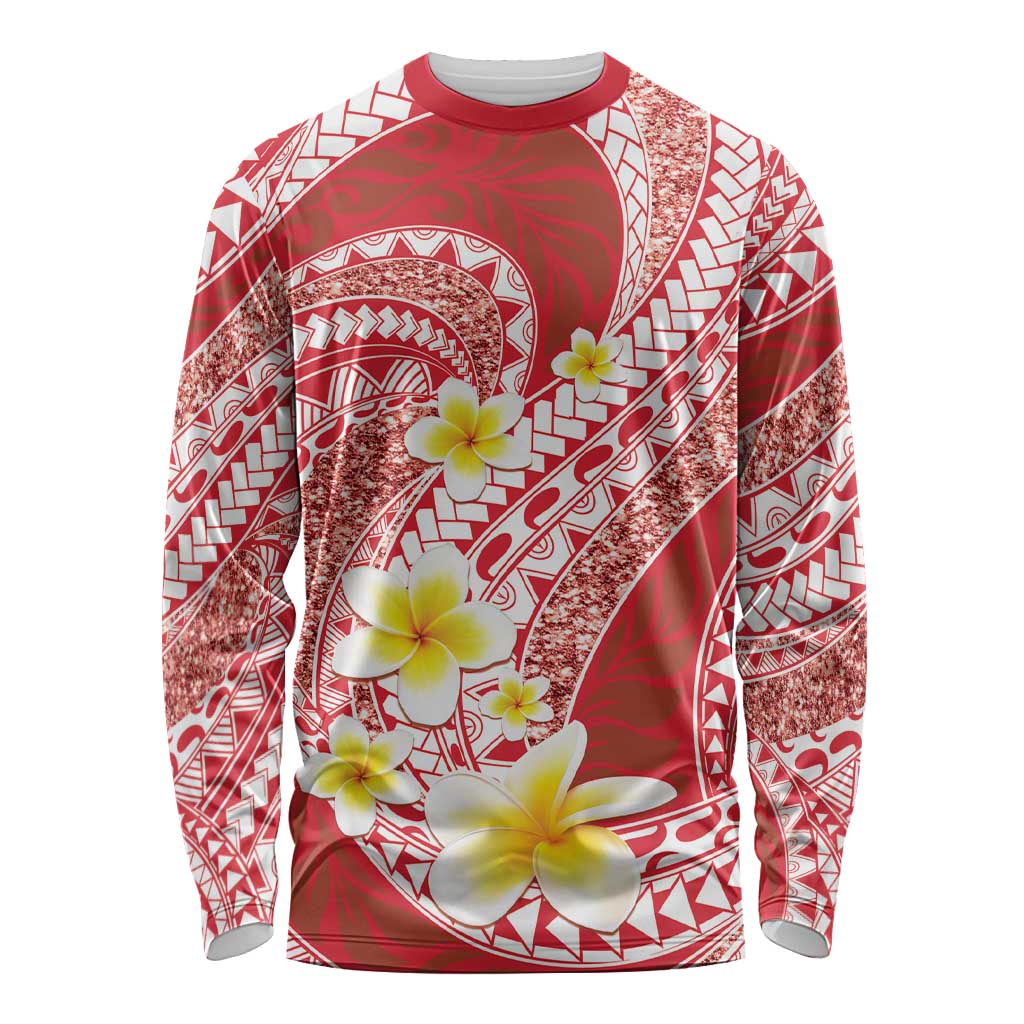 Plumeria Polynesian Coral Glitter Pattern Long Sleeve Shirt