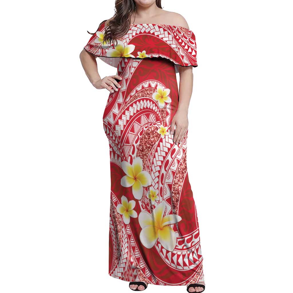 Plumeria Polynesian Coral Glitter Pattern Off Shoulder Maxi Dress