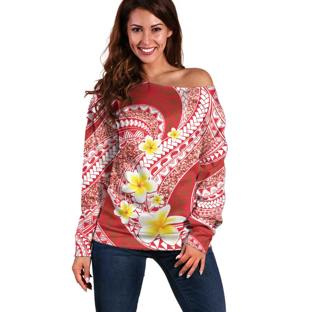Plumeria Polynesian Coral Glitter Pattern Off Shoulder Sweater LT01 Women Coral - Polynesian Pride