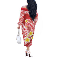 Plumeria Polynesian Coral Glitter Pattern Off The Shoulder Long Sleeve Dress