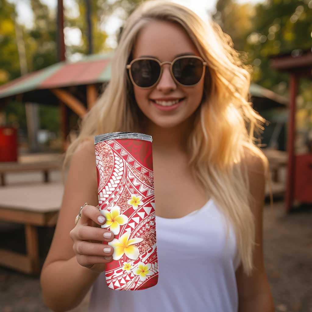 Plumeria Polynesian Coral Glitter Pattern Skinny Tumbler