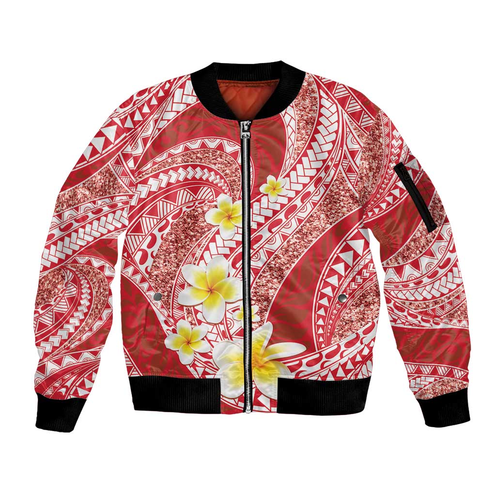 Plumeria Polynesian Coral Glitter Pattern Sleeve Zip Bomber Jacket LT01 Unisex Coral - Polynesian Pride