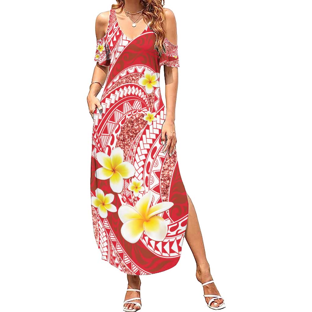 Plumeria Polynesian Coral Glitter Pattern Summer Maxi Dress