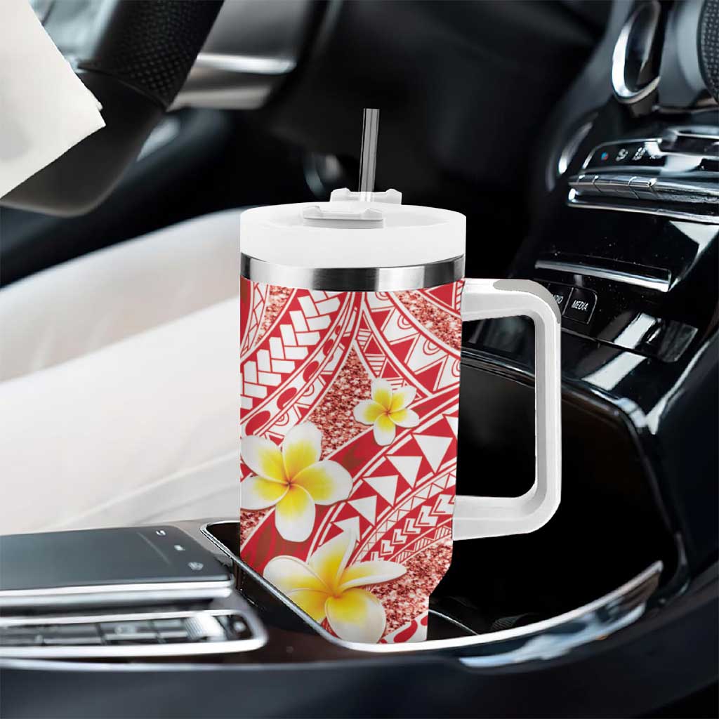 Plumeria Polynesian Coral Glitter Pattern Tumbler With Handle