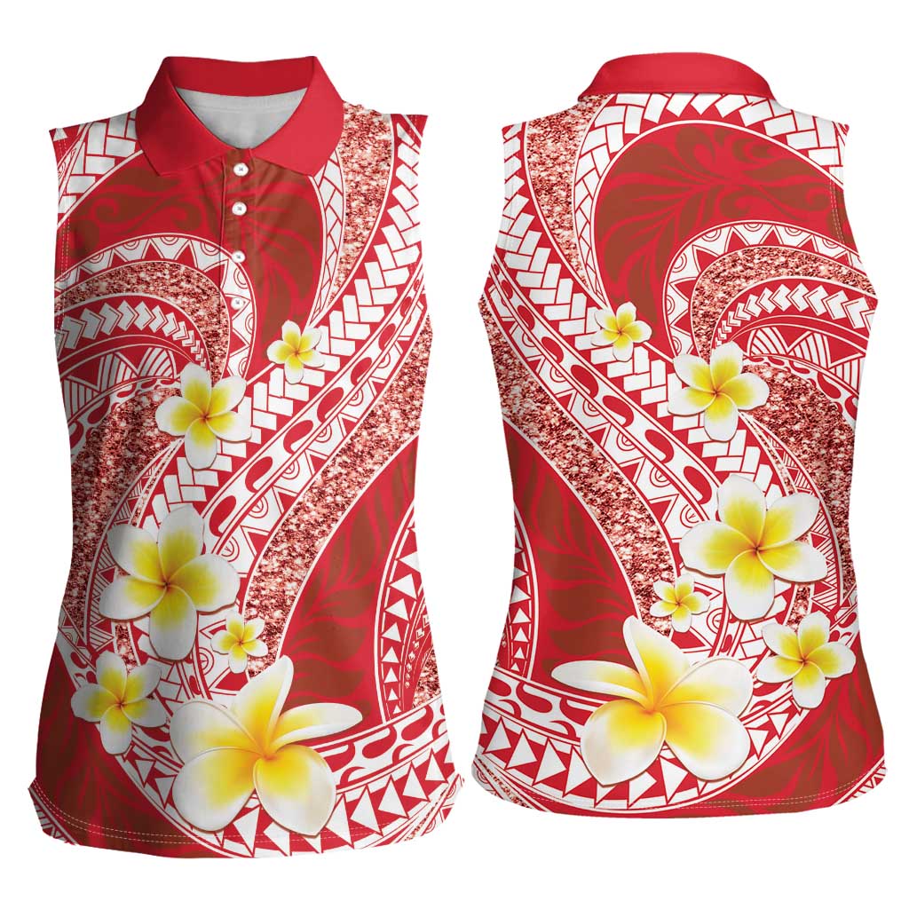 Plumeria Polynesian Coral Glitter Pattern Women Sleeveless Polo Shirt