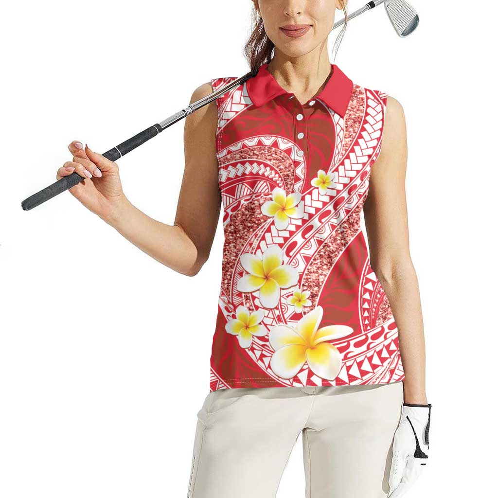 Plumeria Polynesian Coral Glitter Pattern Women Sleeveless Polo Shirt