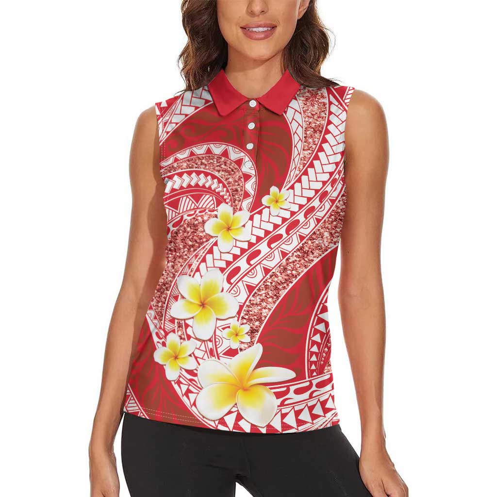 Plumeria Polynesian Coral Glitter Pattern Women Sleeveless Polo Shirt