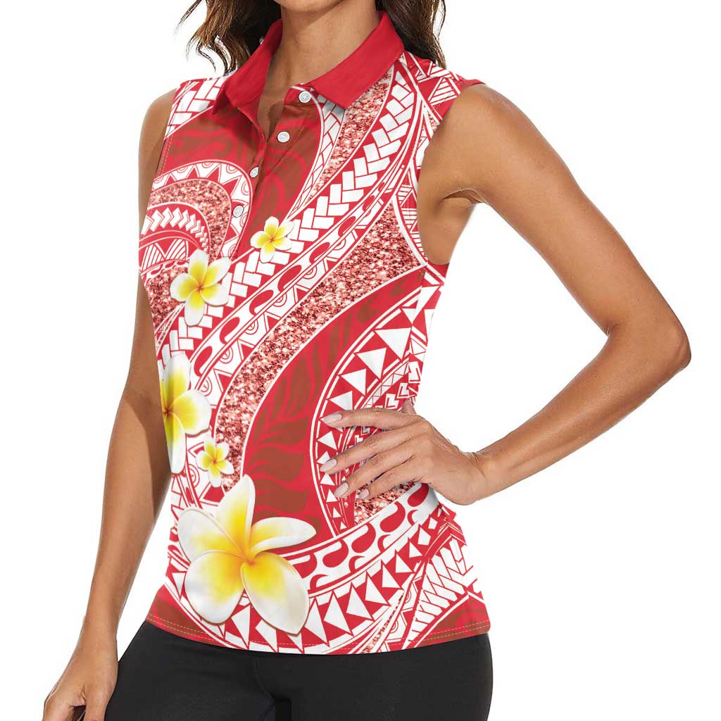 Plumeria Polynesian Coral Glitter Pattern Women Sleeveless Polo Shirt
