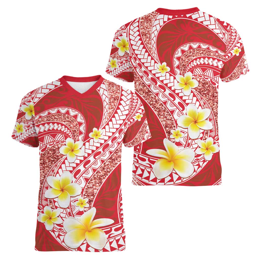 Plumeria Polynesian Coral Glitter Pattern Women V-Neck T-Shirt
