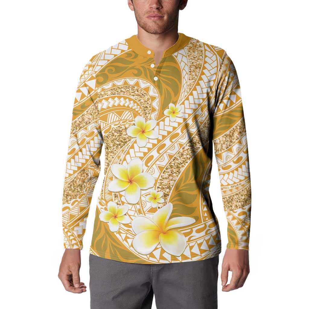 Plumeria Polynesian Gold Glitter Pattern Button Sweatshirt