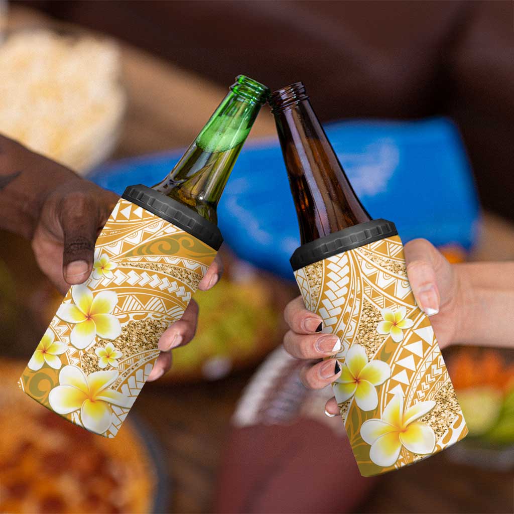 Plumeria Polynesian Gold Glitter Pattern 4 in 1 Can Cooler Tumbler