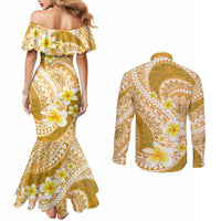 Plumeria Polynesian Gold Glitter Pattern Couples Matching Mermaid Dress and Long Sleeve Button Shirt