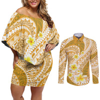 Plumeria Polynesian Gold Glitter Pattern Couples Matching Off Shoulder Short Dress and Long Sleeve Button Shirt