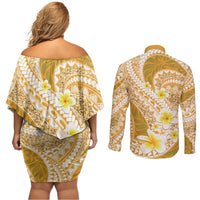 Plumeria Polynesian Gold Glitter Pattern Couples Matching Off Shoulder Short Dress and Long Sleeve Button Shirt