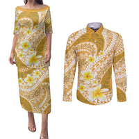 Plumeria Polynesian Gold Glitter Pattern Couples Matching Puletasi and Long Sleeve Button Shirt