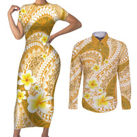 Plumeria Polynesian Gold Glitter Pattern Couples Matching Short Sleeve Bodycon Dress and Long Sleeve Button Shirt
