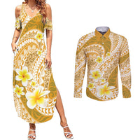 Plumeria Polynesian Gold Glitter Pattern Couples Matching Summer Maxi Dress and Long Sleeve Button Shirt
