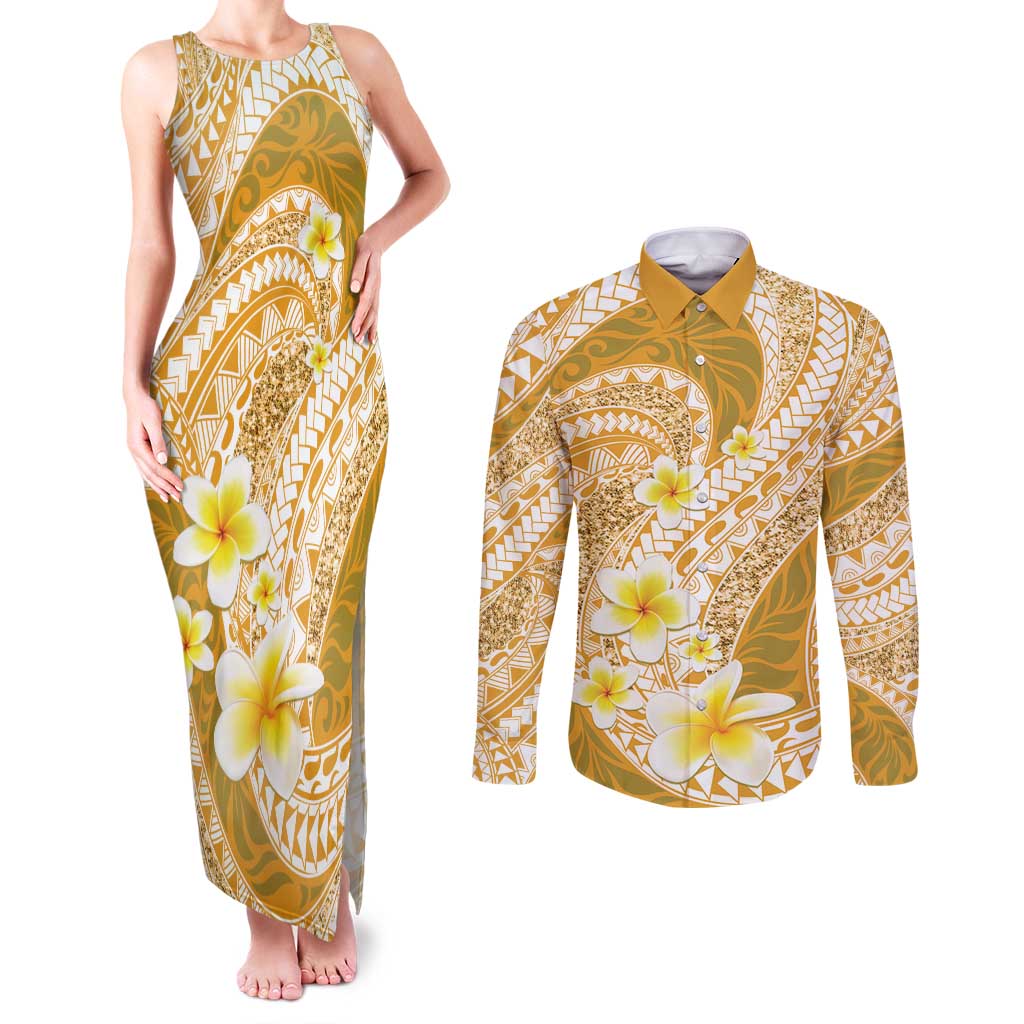 Plumeria Polynesian Gold Glitter Pattern Couples Matching Tank Maxi Dress and Long Sleeve Button Shirt