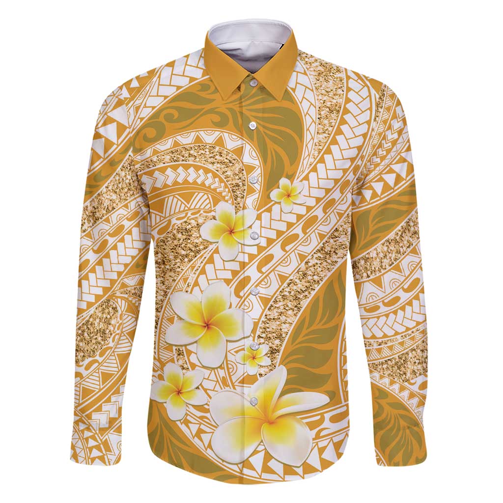 Plumeria Polynesian Gold Glitter Pattern Family Matching Long Sleeve Bodycon Dress and Hawaiian Shirt