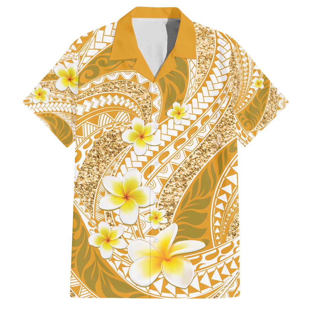 Plumeria Polynesian Gold Glitter Pattern Family Matching Off Shoulder Maxi Dress and Hawaiian Shirt