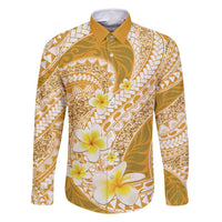Plumeria Polynesian Gold Glitter Pattern Family Matching Off Shoulder Maxi Dress and Hawaiian Shirt