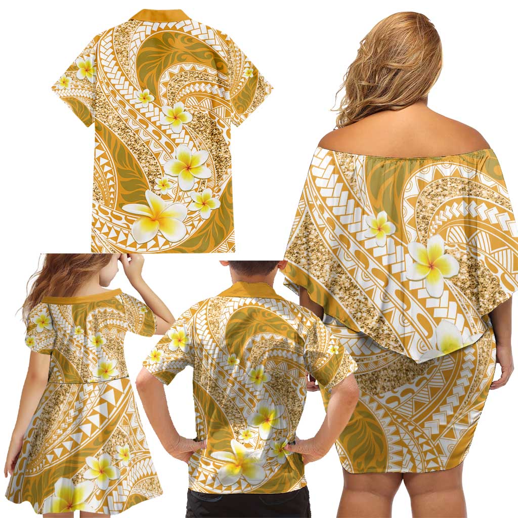 Plumeria Polynesian Gold Glitter Pattern Family Matching Off Shoulder Short Dress and Hawaiian Shirt