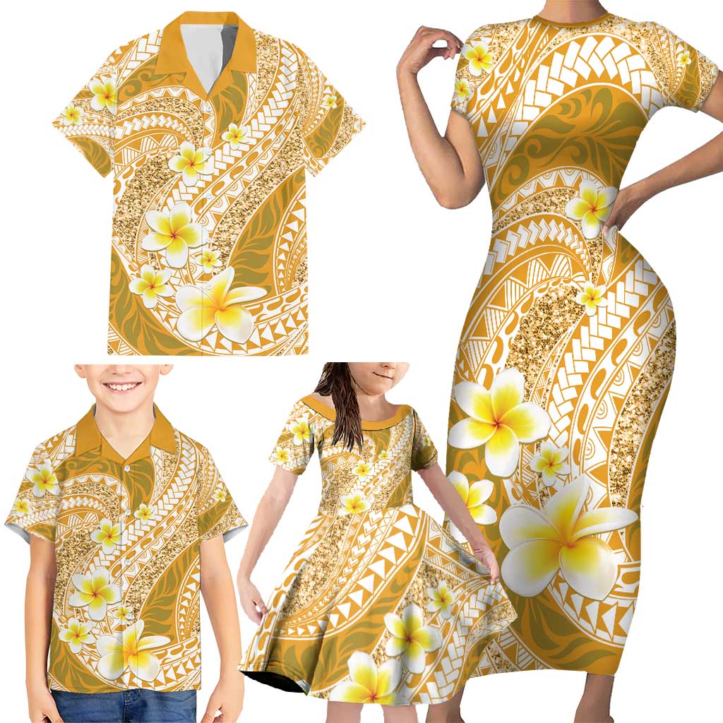 Plumeria Polynesian Gold Glitter Pattern Family Matching Short Sleeve Bodycon Dress and Hawaiian Shirt LT01 - Polynesian Pride