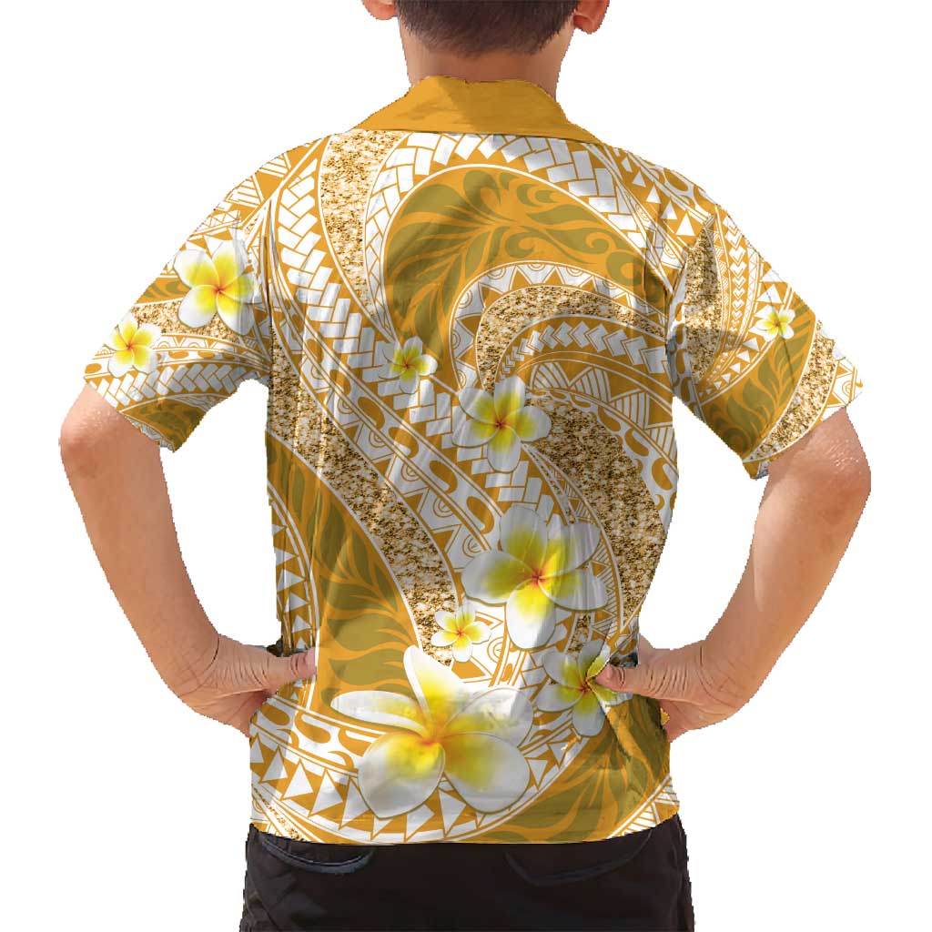 Plumeria Polynesian Gold Glitter Pattern Family Matching Tank Maxi Dress and Hawaiian Shirt